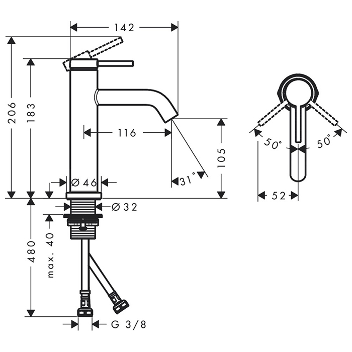 Hansgrohe Tecturis S Смеситель для раковины, 1 отв., без донного клапана, цвет: чёрный матовый