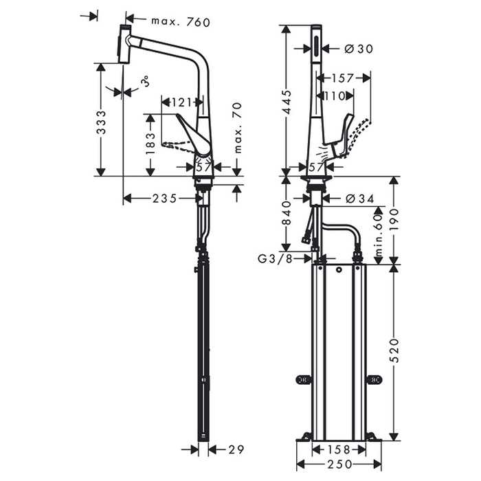 Hansgrohe Metris M71 Смеситель для кухни, на 1 отв, поворотный излив: 23.5см с вытяжным душем, 2jet, h: 33.3см, sBox, цвет: хром