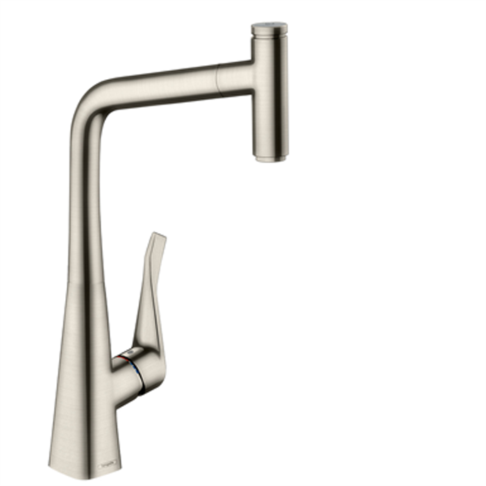 Hansgrohe Metris Select M71 Смеситель для кухни, на 1 отв, поворотный излив: 23.5см с вытяжным душем, 1jet, h: 33.3см, sBox, кнопка вкл/выкл, цвет: нержавейка