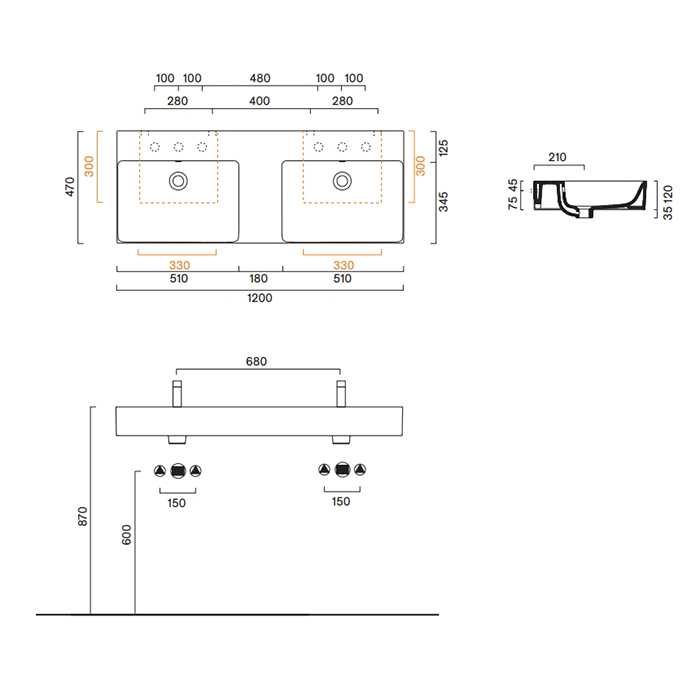 Catalano Premium Раковина двойная 120х47см, подвесная, без отв., цвет: белый глянцевый