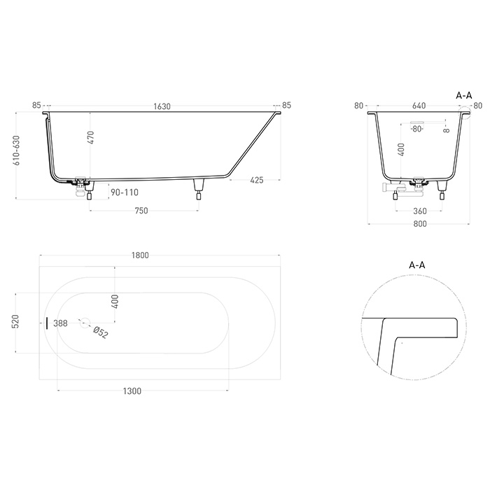 Salini Lofo Kit Ванна 180х80х61см., встраиваемая, Gelcoat, с донным клапаном, сифоном, ножками, слив-переливом, цвет: белый глянцевый