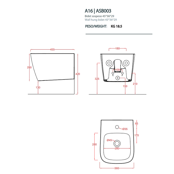 Artceram A16 MINI  Биде подвесное  36х45 см, с 1 отв под смеситель, с креплениями, цвет: белый