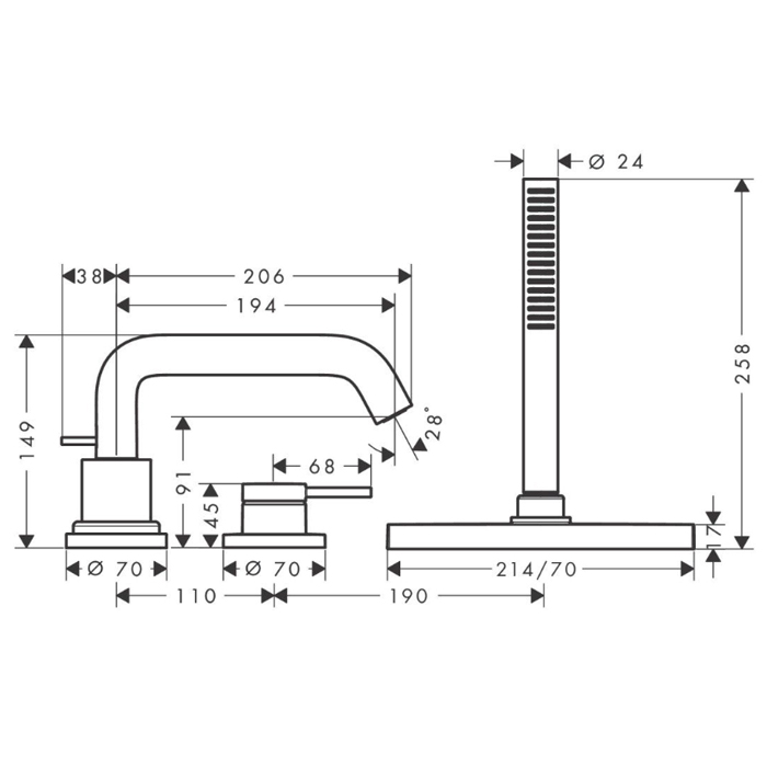 Hansgrohe Tecturis S Смеситель на борт ванны, 3 отв., цвет: хром