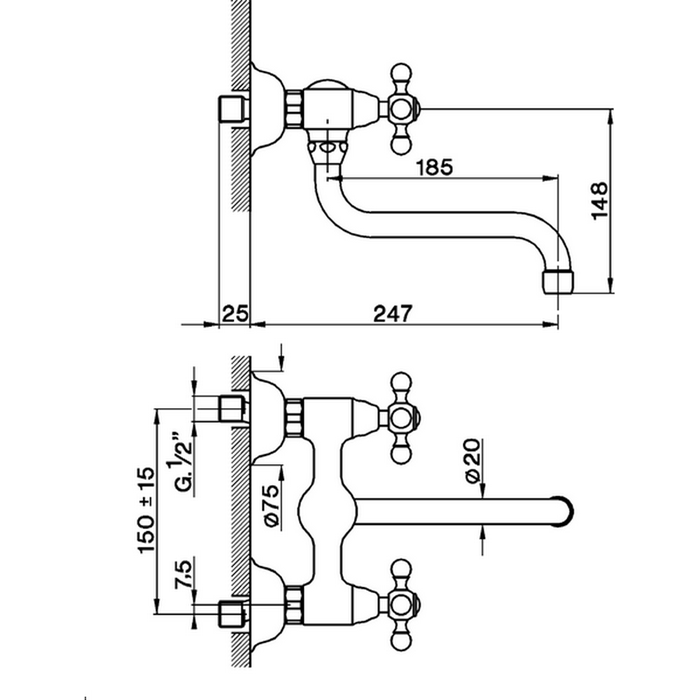 CISAL Кухонные смесители Смеситель двухвентильный настенный для кухни,с поворотным изливом 247 мм, цвет: хром