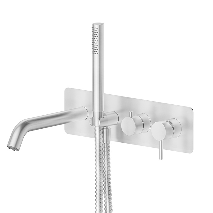 Newform X-STEEL 316 Смеситель для ванны, встраиваемый, с ручным душем, излив 23.1см, цвет: нержавеющая сталь