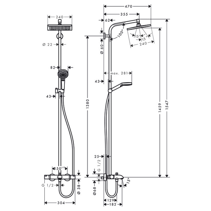 Hansgrohe Crometta E 240 SHP Душевая система 138см, с верхним душем 240х240мм., ручным душем и термостатическим смесителем, цвет: хром