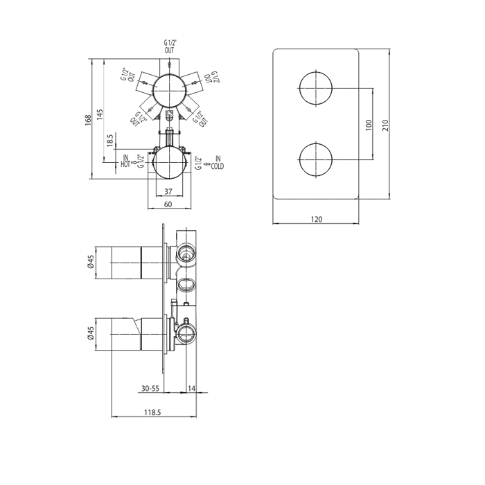 Bossini Nobu Наружная часть встраиваемого монорычажного универсального смесителя на 2-5 выходов. цвет: нержавеющая сталь