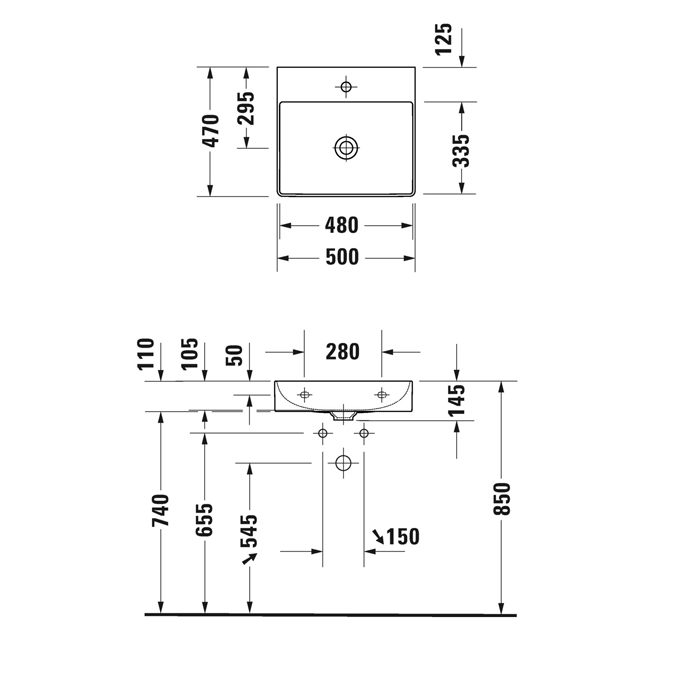 Duravit DuraSquare Раковина накладная 50х47см., с 1 отв., без перелива, с крепежом, цвет: белый