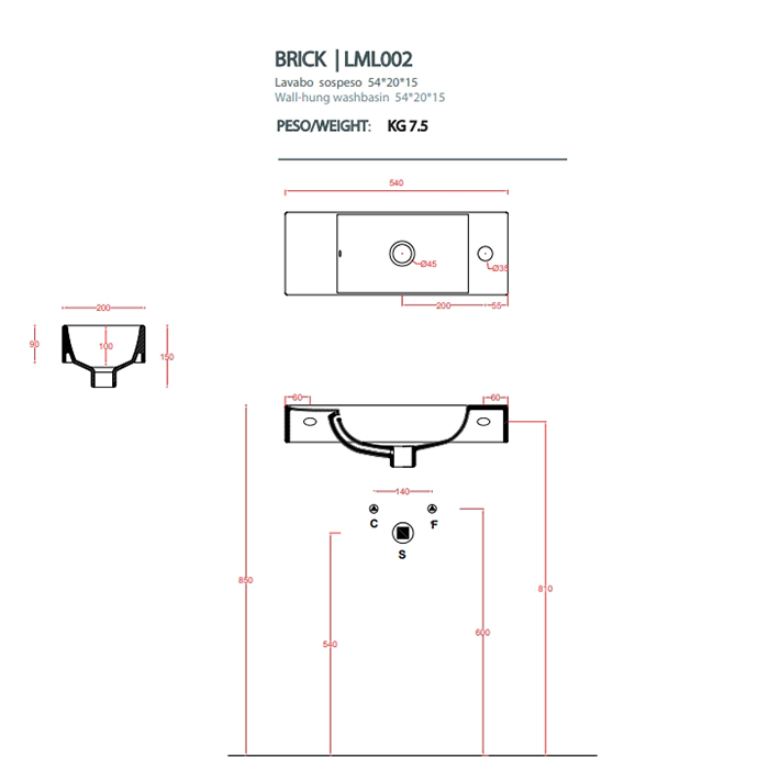 Artceram LAVAMANI BRICK Раковина 20х54 см, 1 отв., со слив-переливом, цвет: белый