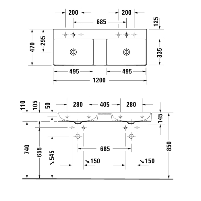 Duravit DuraSquare Раковина подвесная 120х47см, с отметками на 2 отв.,  двойная, без перелива, цвет: белый