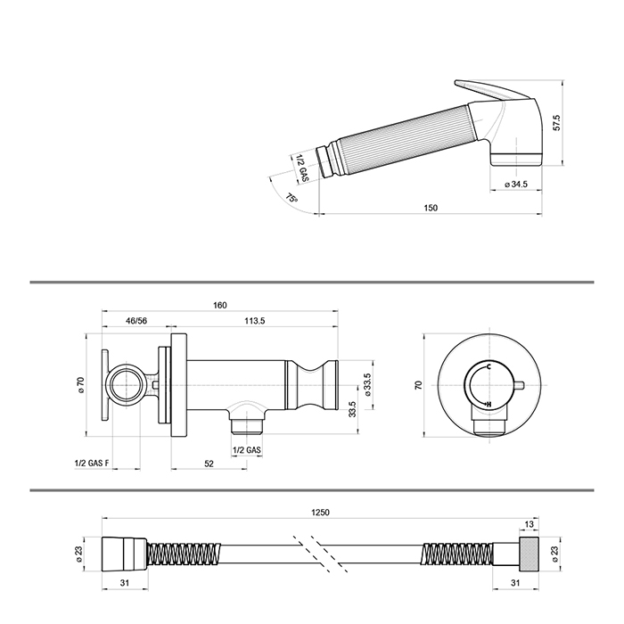 Bossini Nikita Гигиенический душ с прогрессивным смесителем, лейка металлическая, шланг металлический, цвет: бронза