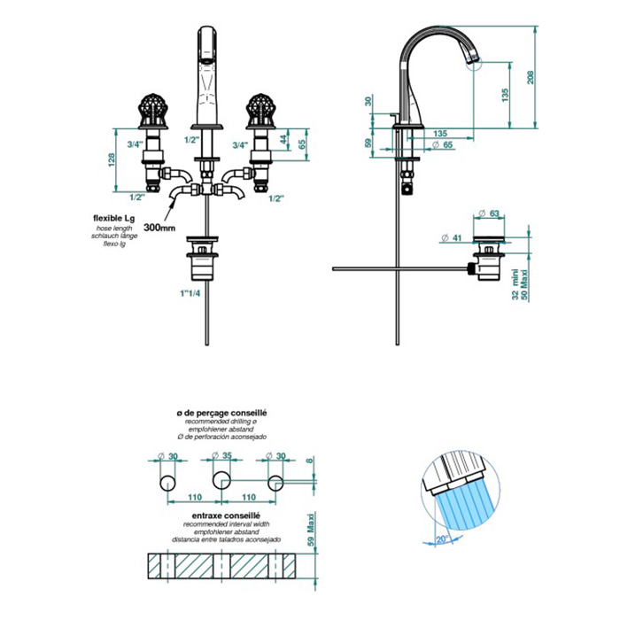  THG Najem Смеситель для раковины на 3 отверстия, с донным клапаном, цвет: полированное золото