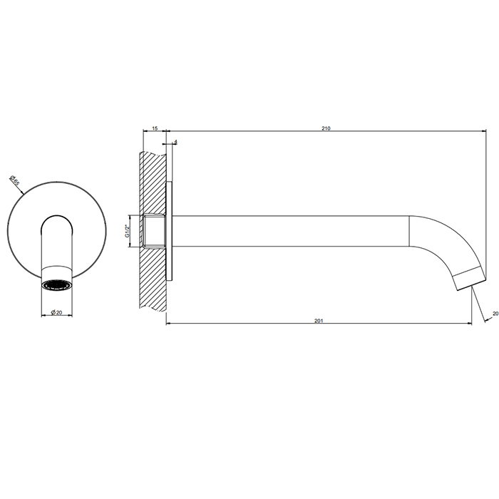 GESSI 316 Настенный излив 20см на 1/2”, комбинируемый с удаленным управлением (не входит в комплект), цвет: Brushed Brass PVD