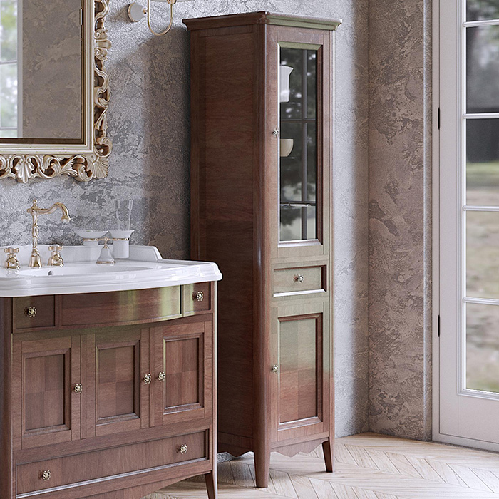 TW Veronica Nuovo колонна напольная с 2-мя дверцами, 1-м выдвижным ящиком, 3-мя стеклянными полками, доводчиками Blum, ручки бронза, DX - петли справа, Цвет: NOCE