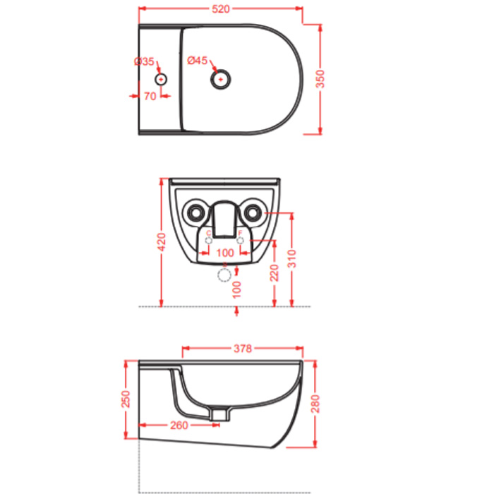 Artceram THE ONE Биде подвесное  52х35см, с креплениями, с 1 отв под смеситель. цвет: черный матовый