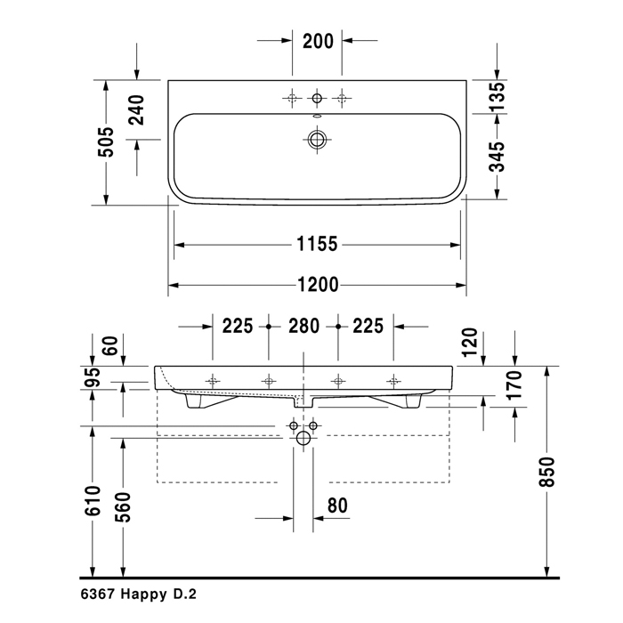Duravit Happy D.2 Раковина 120x50.5 см, 3 отв., с переливом,  шлифованная, цвет: белый