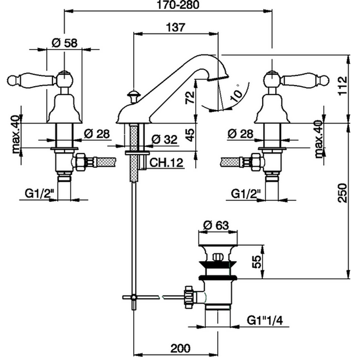 CISAL Arcana Toscana Смеситель для раковины на 3 отверстия, с донным клапаном, цвет: золото/белый