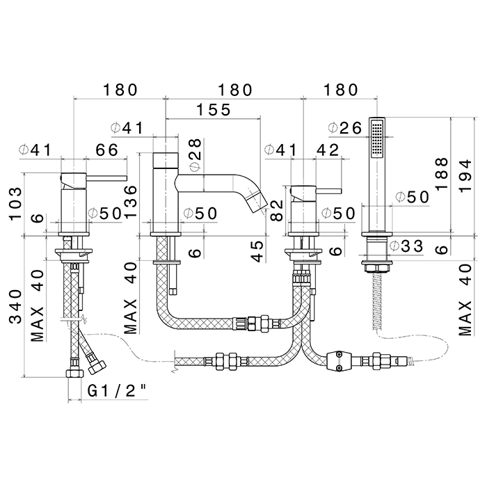 Newform XT Смеситель на борт ванны, 4 отв., с изливом и ручным душем, цвет: PVD copper bronze