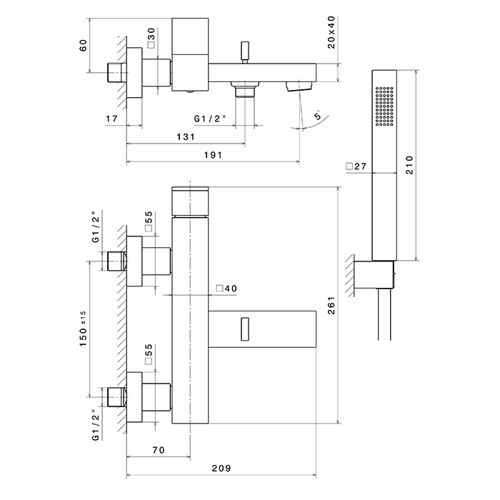 Newform Ergo Q Смеситель для ванны, с изливом и ручным душем, цвет: хром