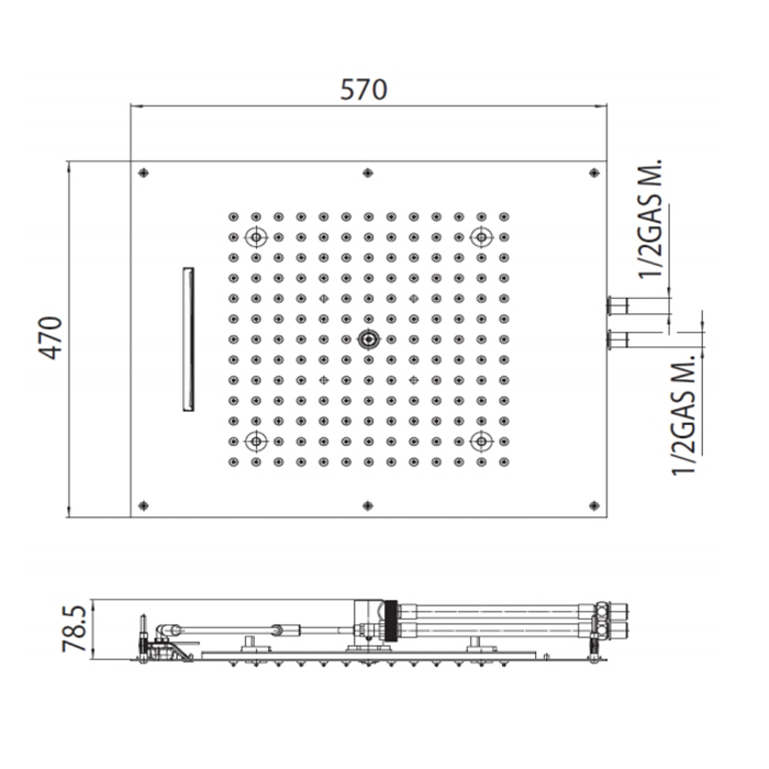 BOSSINI DREAM/2 Верхний душ 570 x 470 мм, 2 режима (дождь, каскад), с 4 LED (белый), блок питания/управления, цвет: черный матовый