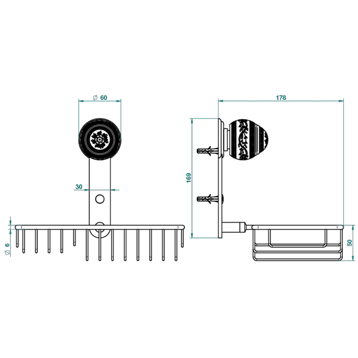 THG Marquise porcelaine noire Полочка металлическая, решетка, 24х13см., подвесной, цвет: золото/черный фарфор