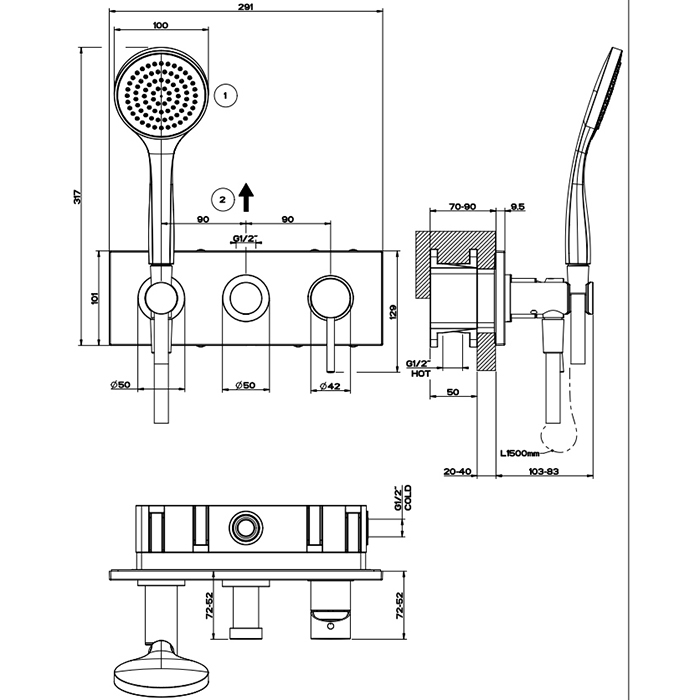 Gessi Emporio Via tortona Смеситель для душа, встраиваемый, на 2 позиции с переключателем, подводом воды и держателем лейки, душевой лейкой и шлангом, цвет: Black XL