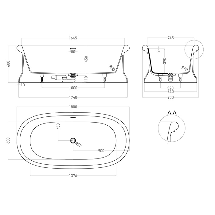 Salini Opera Ванна 180х90х60см., отдельностоящая, S-Stone, с донным клапаном "Up&Down", сифоном, слив-переливом, опорами, цвет: белый матовый