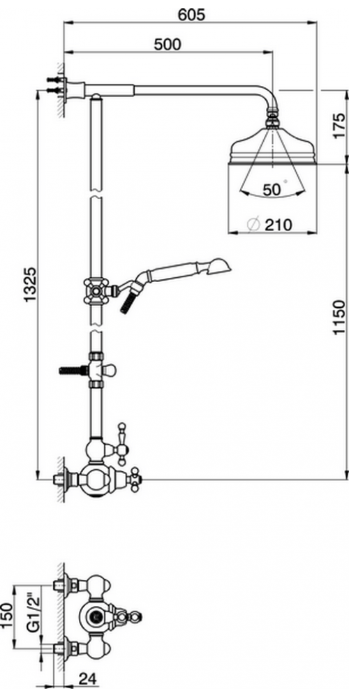 CISAL Arcana Americа Душевой комплект: термостатический смеситель, стойка с верхним душем, лейка+шланг, цвет: хром