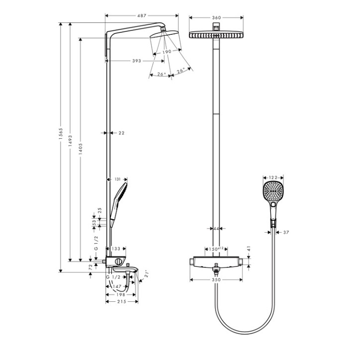 Hansgrohe Raindance Select Showerpipe 360 Душевой гарнитур, в набор входят: термостат с запорным и переключающим вентилем, переключатель для ручного душа, верхний душ Raindance E AIR 1jet 360x190 мм, ручной душ Raindance Select 150 3jet, душевой шланг 