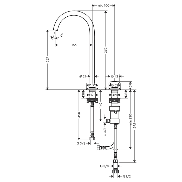 Axor One Смеситель для раковины Sel 260, на 2 отв., высокий, с донным клапаном Push-Open, цвет: полированное золото