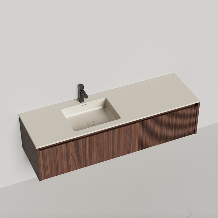 Salini Domino Тумба с раковиной, 140х50х40см., из S-Stone в сборе, д/к; крепеж; сифон; фасад: шпон орех, столешница: Ral9001