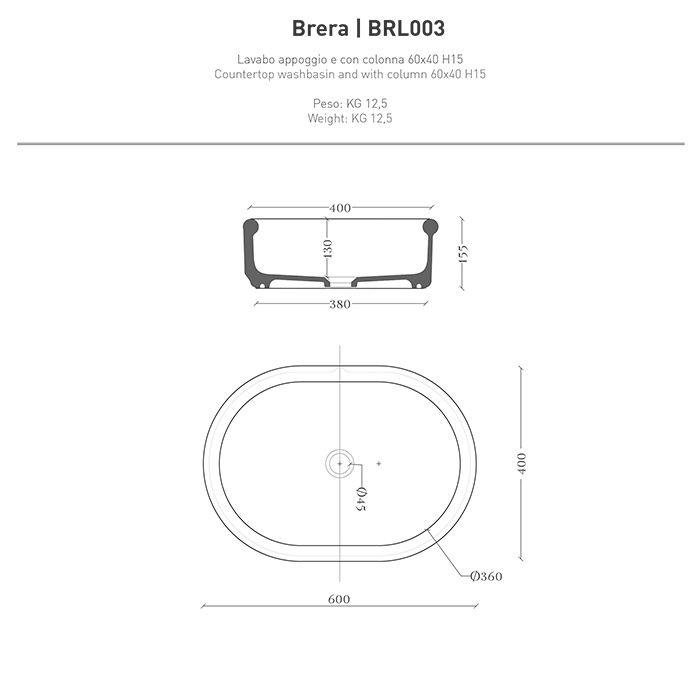 Artceram Brera Раковина 60х40х15см., накладная, без отв., цвет: белый глянцевый