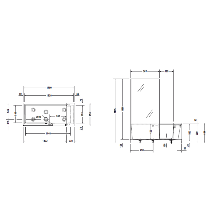 DURAVIT Shower + Bath Bathtub Ванна 170х75хh210.5см, прямоугольная с входной дверью и душевой шторкой ЗЕРКАЛЬНОЙ, SX - левосторонняя, цвет: белый