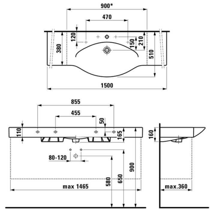 Laufen Palace Раковина 150x51x11см., подвесная, 3 отв., цвет: белый