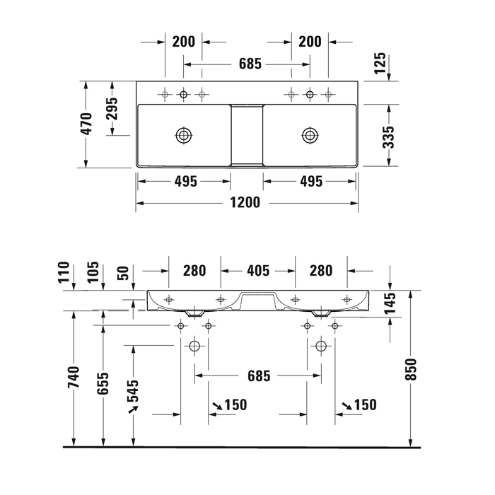 Duravit DuraSquare Раковина подвесная 120х47см, с отметками на 2 отв., двойная, без перелива, с крепежом, цвет: белый