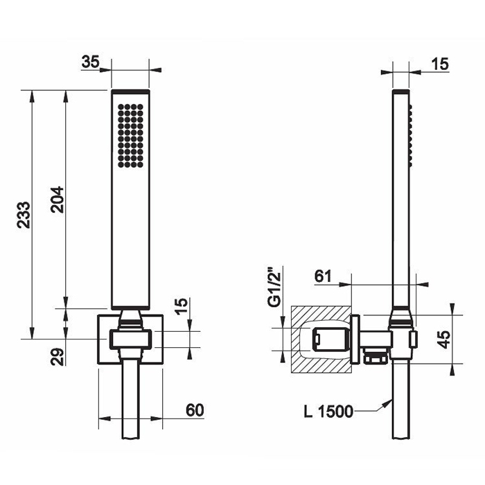 Gessi Rettangolo Душевой комплект: вывод на 1/2”, держатель, шланг 1,5м и душевая лейка, цвет: Brush