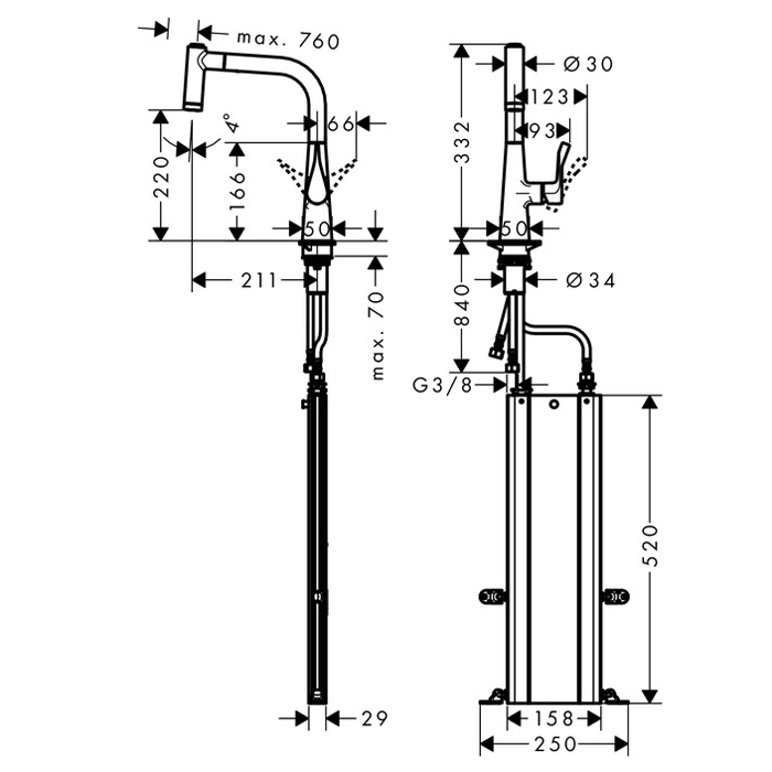 Hansgrohe Kitchen M7116-H220 Смеситель для кухни, однорычажный, с вытяжным душем, сталь