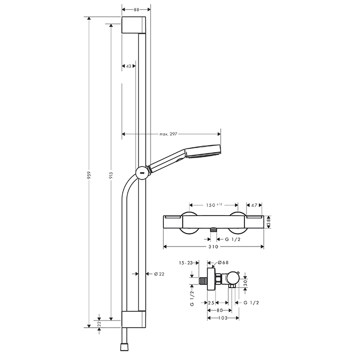 Hansgrohe Ecostat Душевой гарнитур с термостатическим смесителем, ручным душем и душевой штангой 90см, цвет: черный матовый