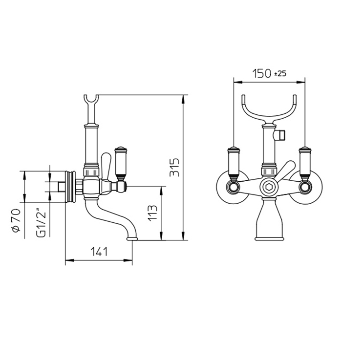 Bossini Liberty Смеситель для ванной, настенный, с ручным душем, цвет: античная бронза