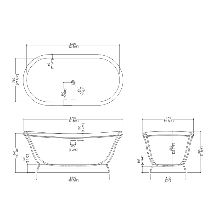 Devon&Devon Aurora Ванна из минерального литья отдельностоящая 171x87xh70,5cм , цвет: белый с сифоном цвет хром