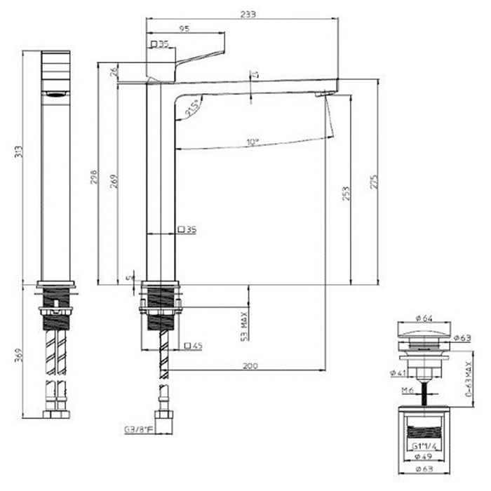 Bossini Aki Line Смеситель для раковины, на 1 отв., высокий, с донным клапаном, цвет: черный матовый