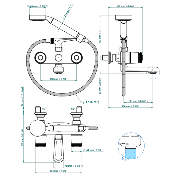 THG CORVAIR FIOR DI BOSCO Смеситель для ванны настенный, с ручным душем и шлангом 1500 мм., цвет: полированное золото
