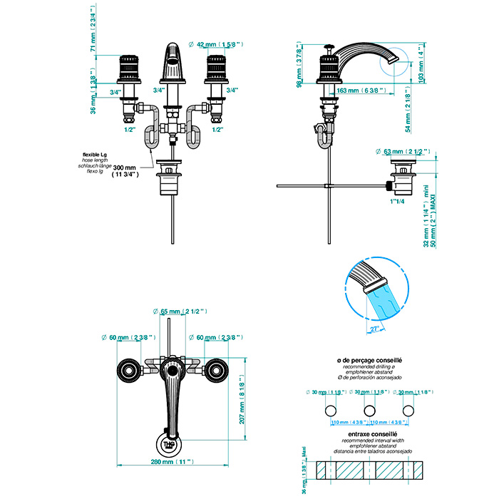 THG Monte Carlo porcelaine or Смеситель для раковины, с 3 отв., с донным клапаном, цвет: золото