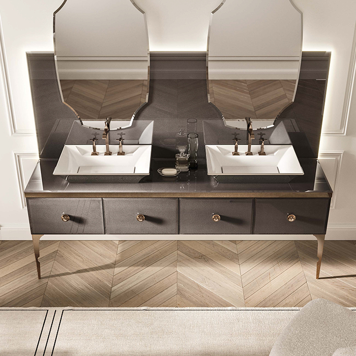 VITAGE milldue edition MAJESTIC 09 Комплект мебели 216х55х73см напольный, 2 раковины, 2 зеркала, с подсветкой, отделка: стекло elephant bronze, фурнитура: бронза