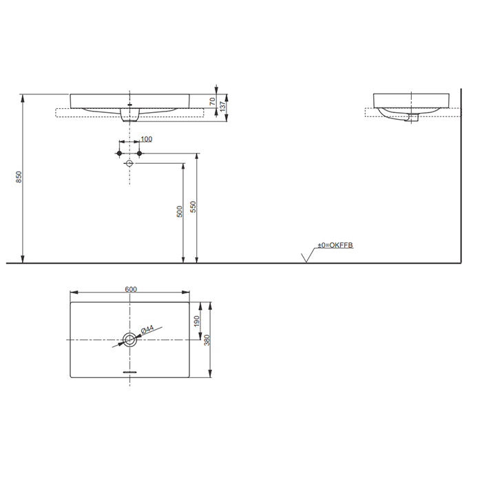 TOTO TR Lavatory Раковина 60x38x13.7 см, без отв., полувстраиваемая, с переливом, CeFiONtect, LinearCeram, цвет: белый 