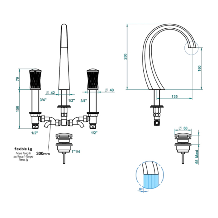 THG Infini Porcelaine Blanche Смеситель для раковины, на 3 отв., для увеличенных по толщине столешниц, с донным клапаном, цвет: Matt gold PVD