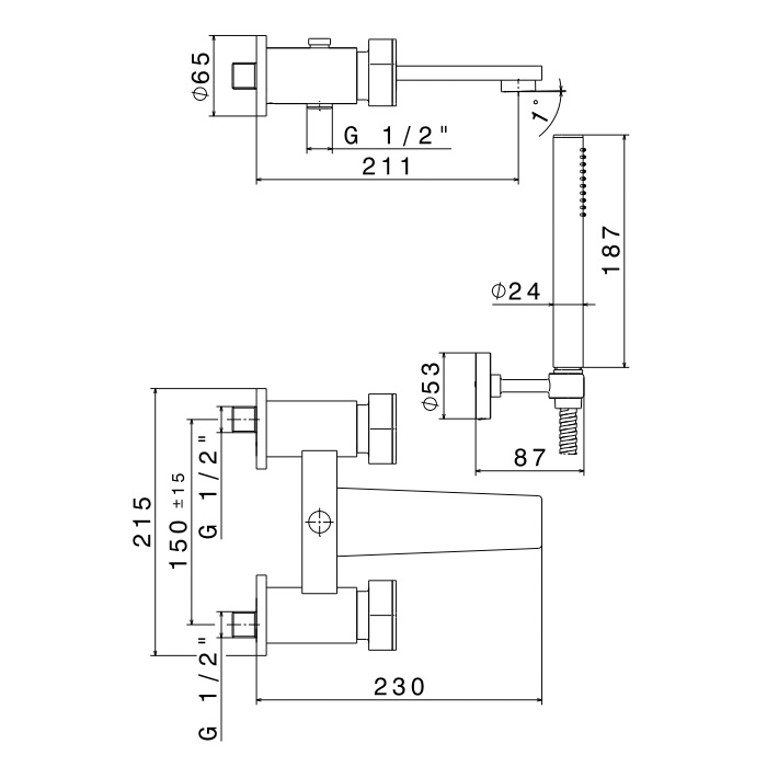 Newform ParkLE Смеситель для ванны, настенный, с держателем для душа, ручным душем и шлангом, цвет: PVD glossy gold/черный матовый
