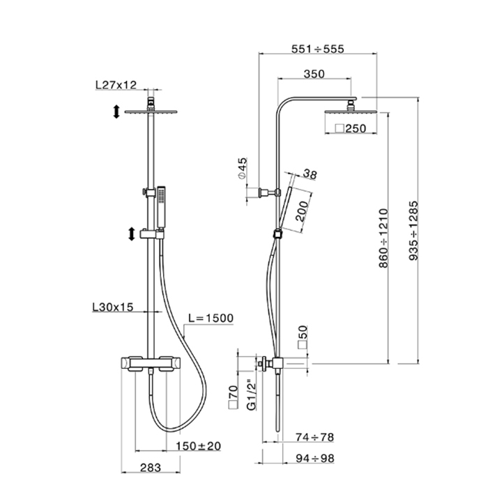 Cisal Hi-Rise Душевая стойка, со смесителем термостатическим, верхним душем 30х30см., ручным душем и шлангом, цвет: хром