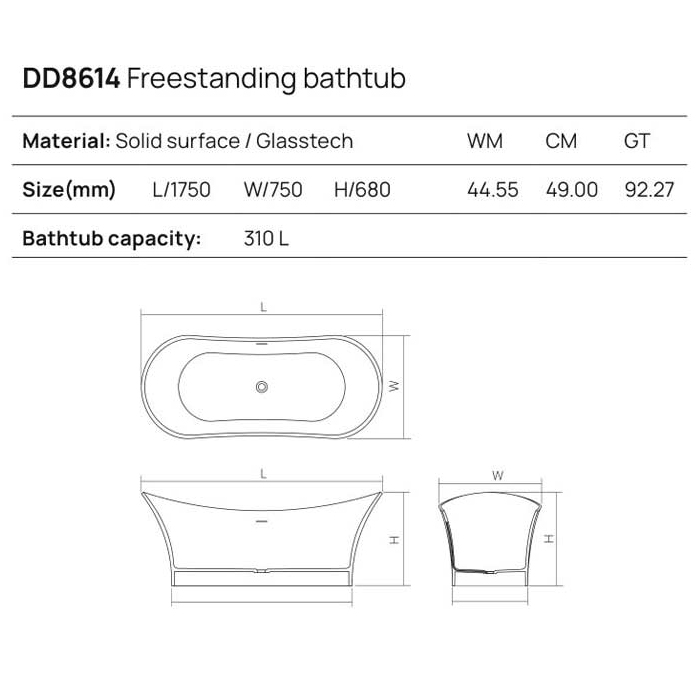 Dea Design Elegant Ванна 175x75x68см., отдельностоящая, Glasstech, прозрачная смола, цвет: Smoky Black R4
