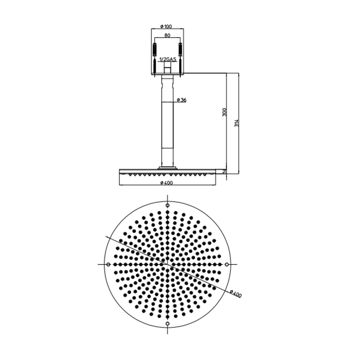 BOSSINI DREAM-OKI Верхний душ Ø 400 мм 1 режим - держателем вертикальным 300 x Ø 36 мм, цвет: хром